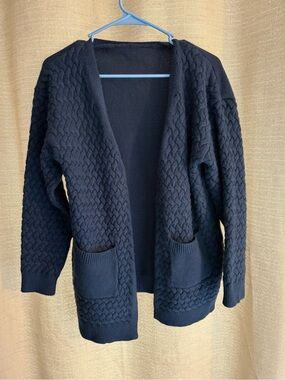 Women's Navy Blue Open-Front Cable Knit Cardigan Sweater